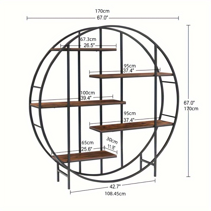 1pc round 5 tier metal plant stand bookcase storage rack indoor living room terrace garden balcony display stand rustic brown 67 w x 11 8 d x 67 h for home room living room office decor details 2