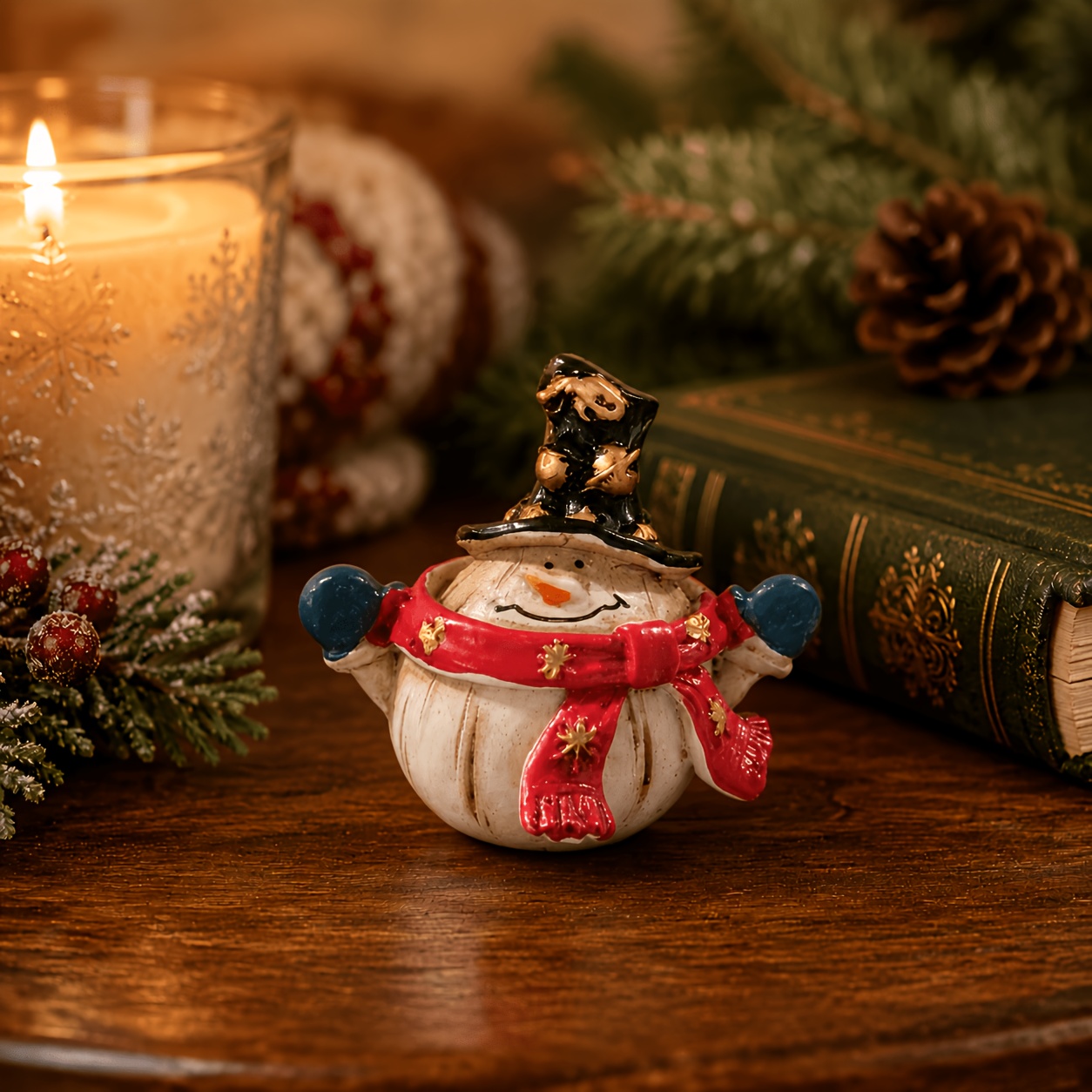 TEMU 1pc Christmas Snowman Figurines, Mini Resin Snowman Tabletop Decorations With Top Hats And Scarves, Rustic Holiday Shelf Mantel Desk Decor,