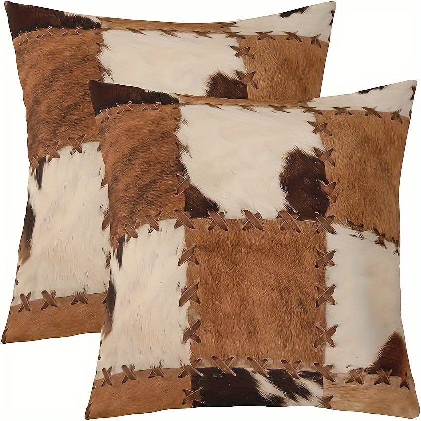 

2pcs 45x45cm Square Pillowcase - Western Cowboy Style, Brown And White, No Pillow Insert, Zipper Opening, Machine Washable, Suitable For Multiple Rooms, Polyester Single-sided Printing Material