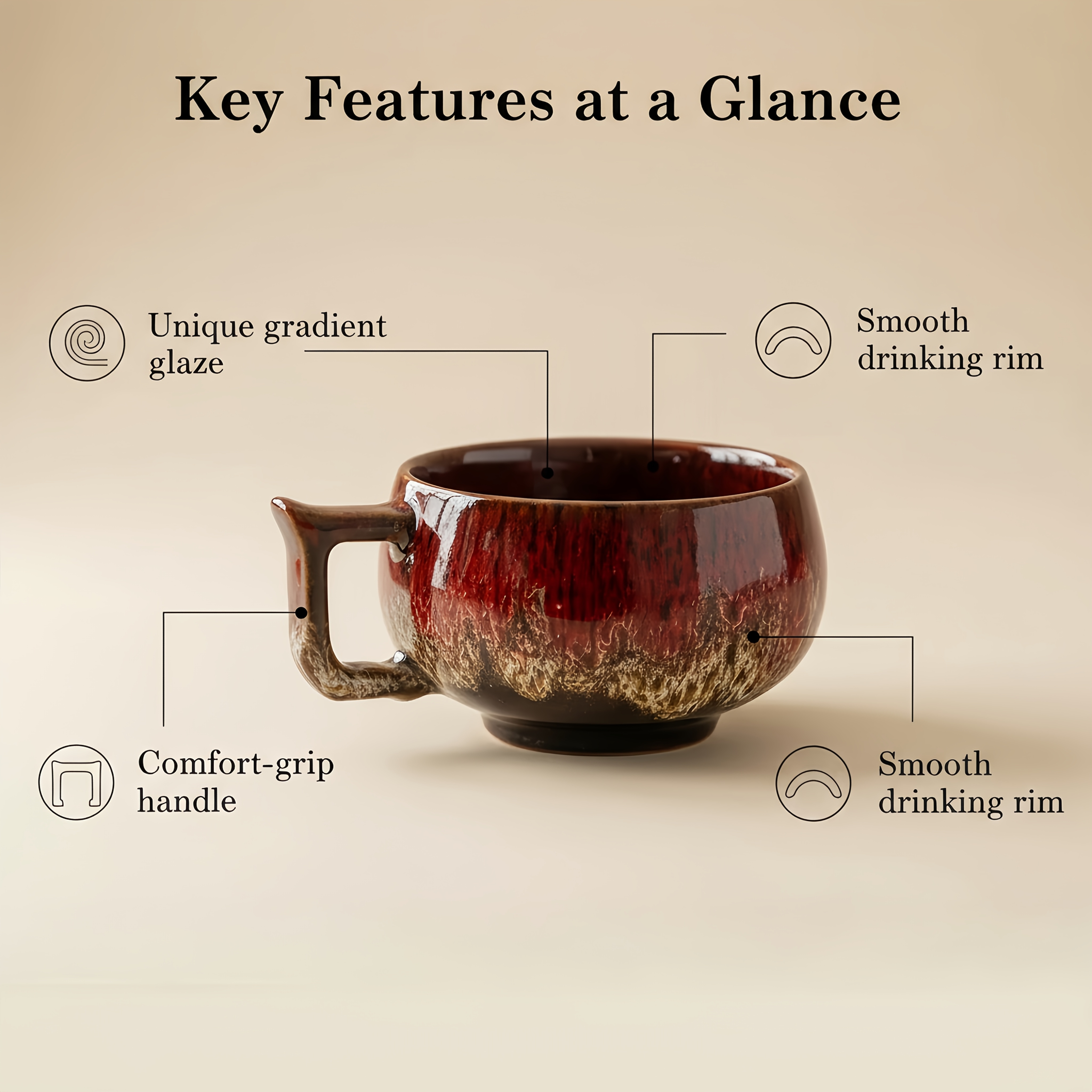 Multi-Color Gradient Exquisite Glaze Handmade Ceramic Mug with Handcrafted Pottery, Round And Full Cup Body, Ergonomic Handle Design for Comfortable Grip, Natural Color Appearance, 5 Colors Available: Blue, Green, Yellow, Red, Orange