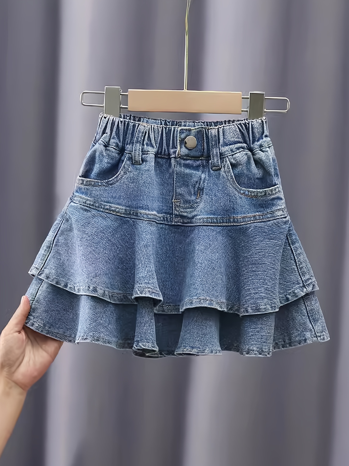 Jupe en Jean Chic pour Filles avec Volants Longueur Genou, Polyester Non  Extensible, Lavable en Machine pour l'Été