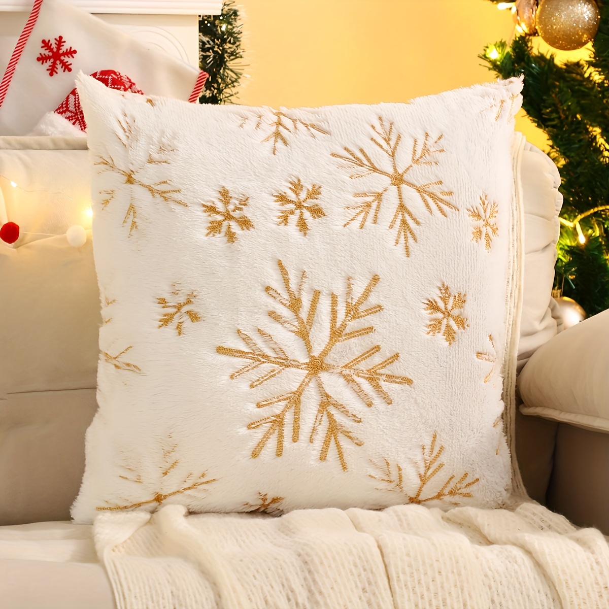 Image of 2pcs Golden Snowflake Pillow Covers Christmas Decor Autumn Winter Plush Embroidery Living Room Bedroom Decoration