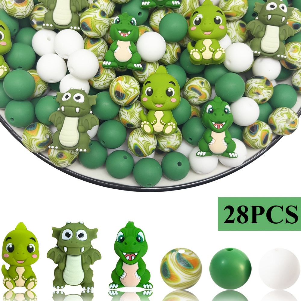 TEMU 28pcs Silicone Bead Dinosaur Series Set, Suitable For Jewelry Decoration, Additions For Making Earrings, Necklaces, Bag Chains, Phone Charms,