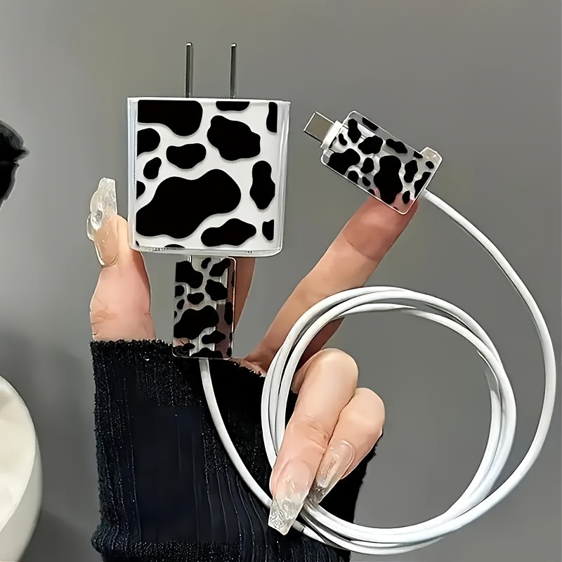 

3-piece Fashionable Cow Pattern Charger And Cable Protector Set, Tpu Anti-tangle Cover For Iphone 11/12/13/14 , No Battery Included