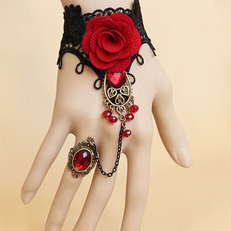 

Elegant Vintage Lace Red Rose Bracelet With Synthetic Ruby Accents - & Parties