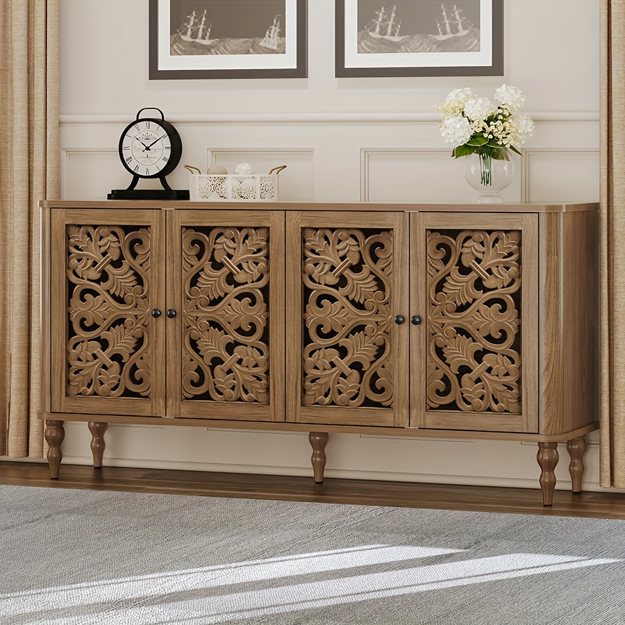 63" Accent Cabinet - Carved Floral Doors & Vintage Sideboard