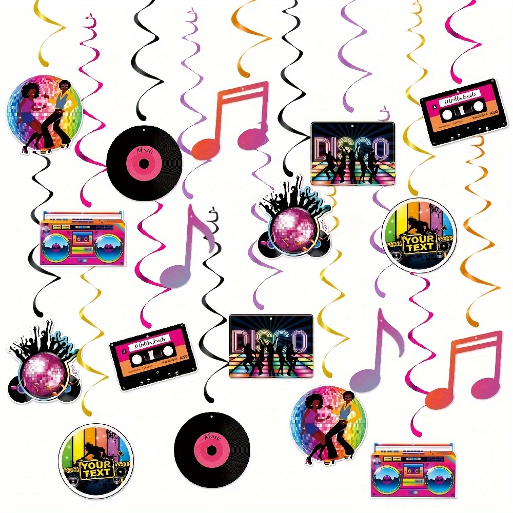 

Disco Theme Party Hanging Swirls Decorations, Set Of 9, Paper Music Note & Record Spiral Decor, Suitable For Music Celebrations, Festive Parties, Birthdays, Event Ornaments - No Electricity Needed