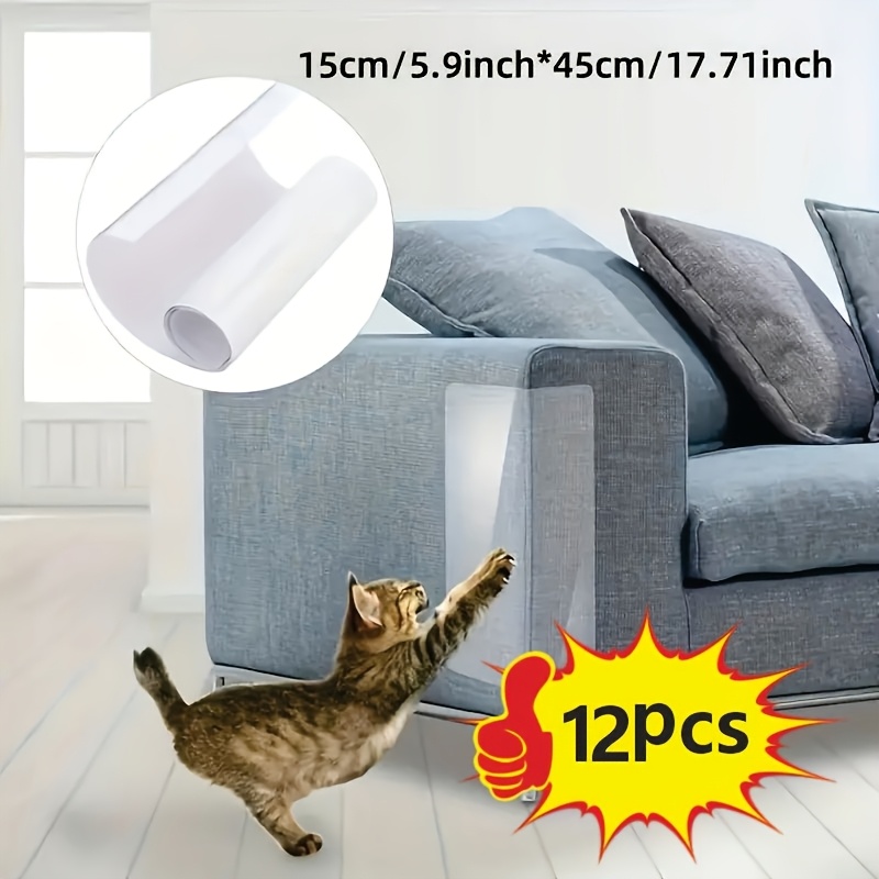Image of 12pcs Clear Cat Scratch Protective Tape - Double-sided Pvc Furniture Guards For Sofas And Recliners, Easy To Remove, Durable Scratch Training Aid For Cats, Cat Furniture Protector