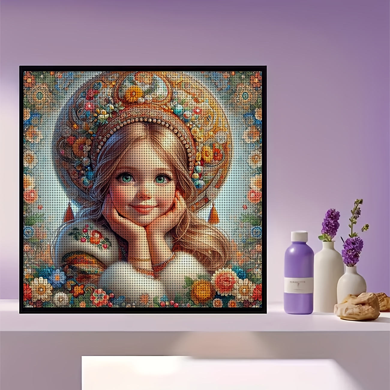Frameless Cross-Stitch Printed Kit Featuring Blonde with Flower Adornment