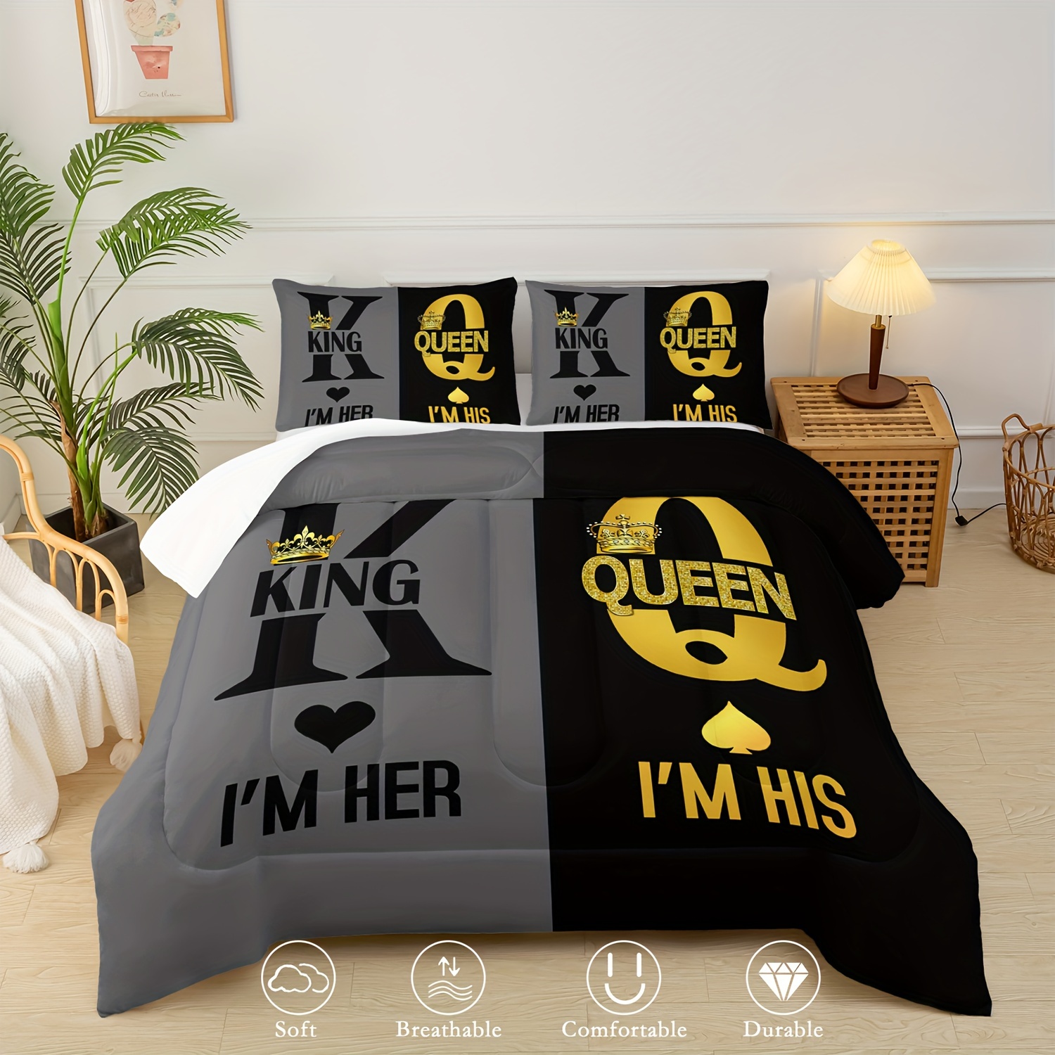  comforter set love bedding couples comforter 3 piece set 1 bed comforter 2 pillowcases black and gold comforter set   comforter soft comfortable and breathable printed bedding for home dorm decoration Product details 4