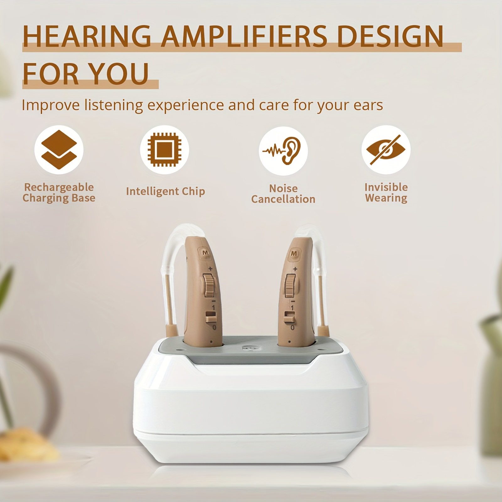 HIBRIQ Binaural Hearing Amplifiers for Adults - Rechargeable with Noise Cancellation, Fast Charging Dock, Long Battery Life, Lightweight & Clear Sound - -Grade (Beige) for Business, Travel, Daily Use - Pair