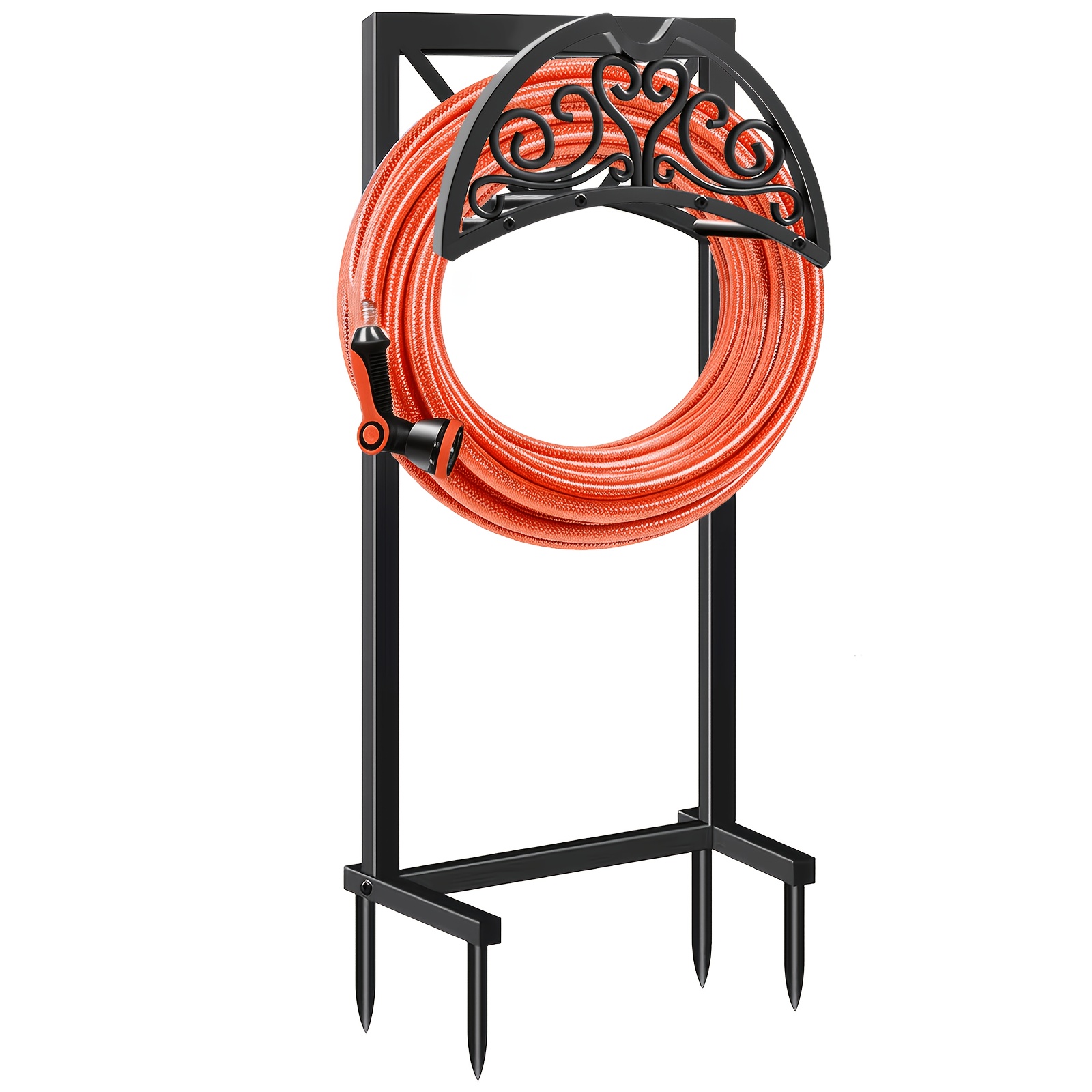 item picture heavy duty black metal garden hose holder outdoor freestanding heavy duty hose rack rust resistant design with spikes for   stability   outdoor lawn and patio beds