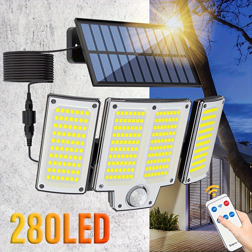 

1pc 280 Led Outdoor Solar Lights, Solar Security Lights With Motion Sensor With Remote Control 3 Modes, 3 Rotating Heads, Solar Floodlight With Extension Cord For Patio, Garage, Porch, Yard, Pool