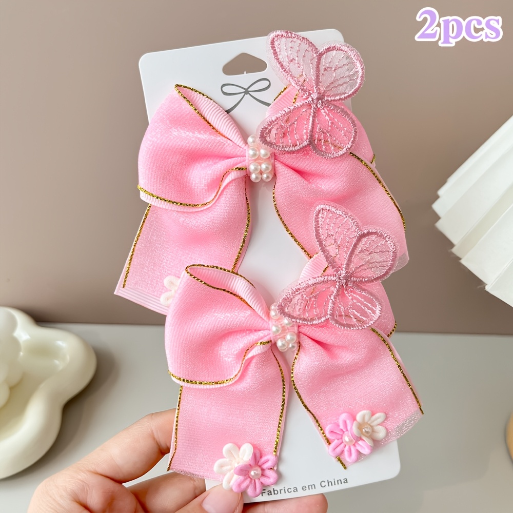 TEMU 2pcs Pinces à Cheveux avec Nœud en Doux, Barrettes avec Fausse Perle & Décor Floral, Accents Papillon en Dentelle, Accessoires de Printemps pour