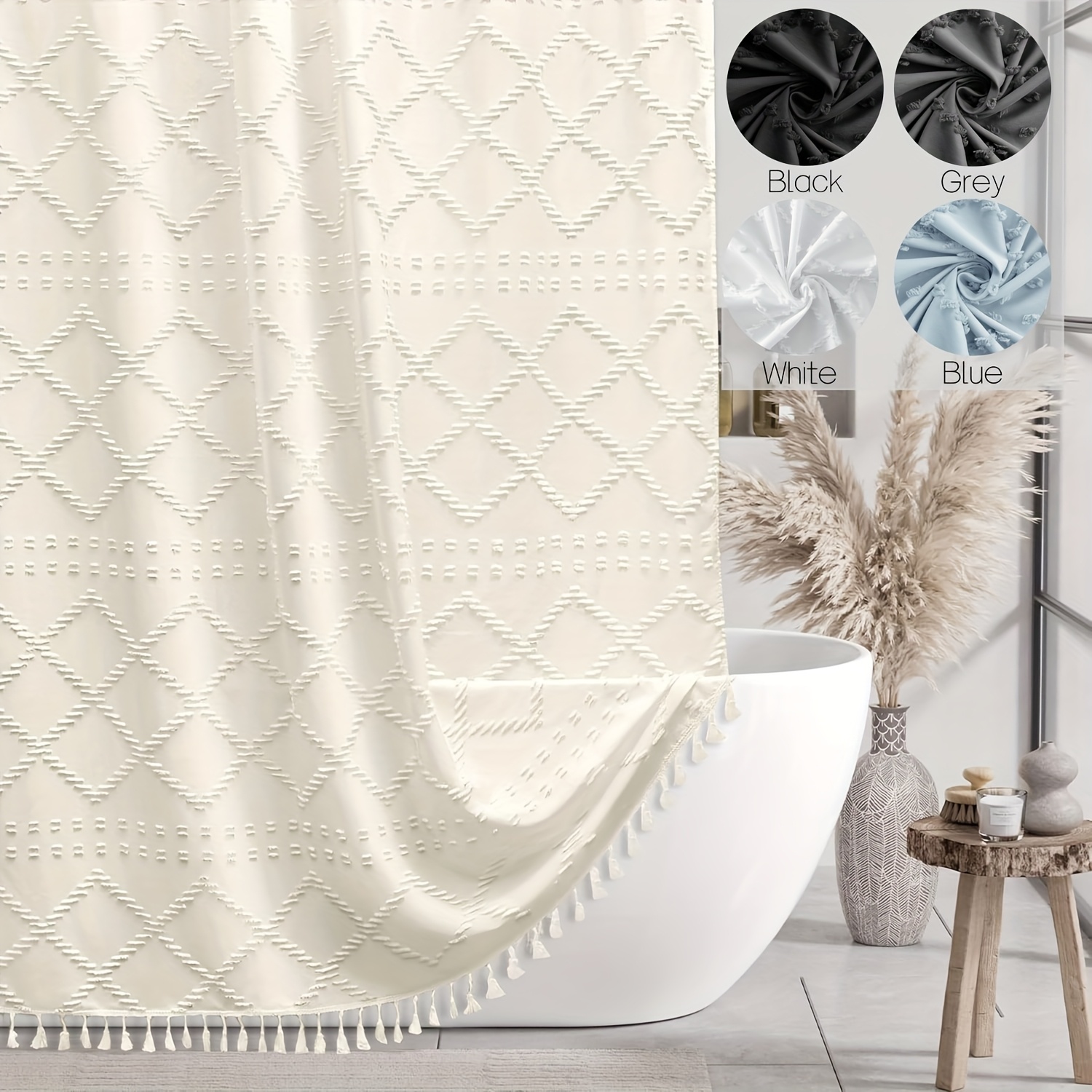 TEMU Gray, Beige, White, Black, And Blue Shower Curtain Set Featuring A Bohemian Diamond Pattern, With 12 Rust-resistant Metal Grommets, Decorative Tassels