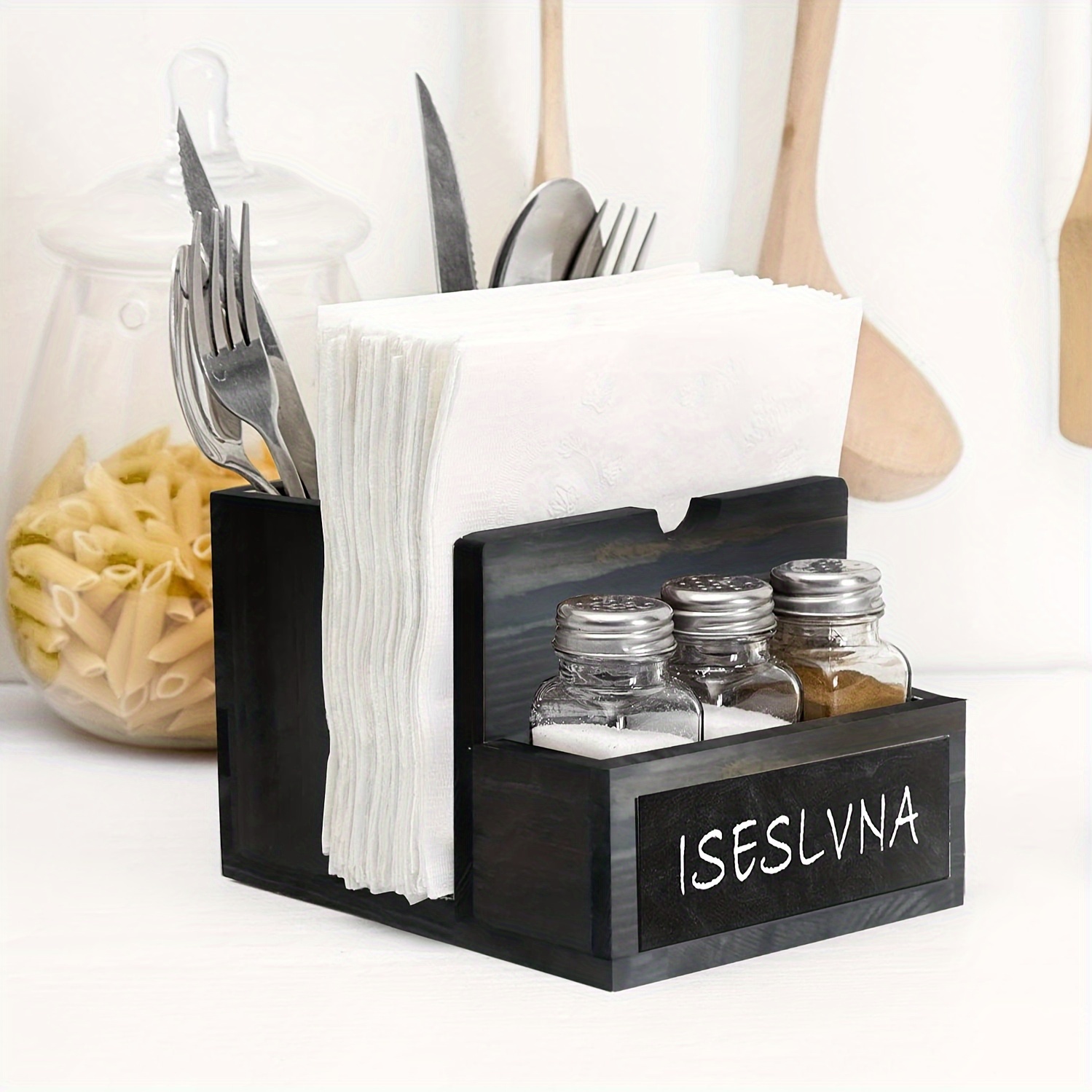 

1pc, Black Napkin Holder, Wooden Farmhouse Vintage Paper Napkin Dispenser With Silverware Caddy And Salt Pepper Shakers Caddy For Dining Tables, Kitchen, Restaurants