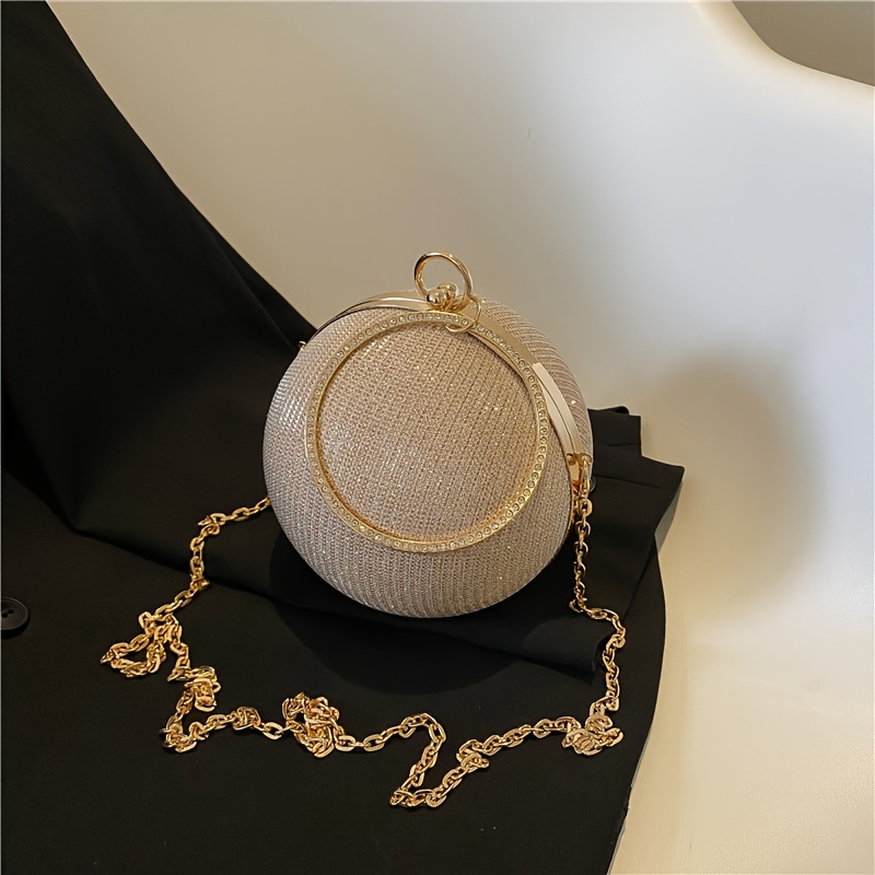 

Mini Glitter Chain Circle Bag, Bride Purse For Wedding, Prom & Party Events, Luxury Design Handbag With Chain Strap For Carnaval