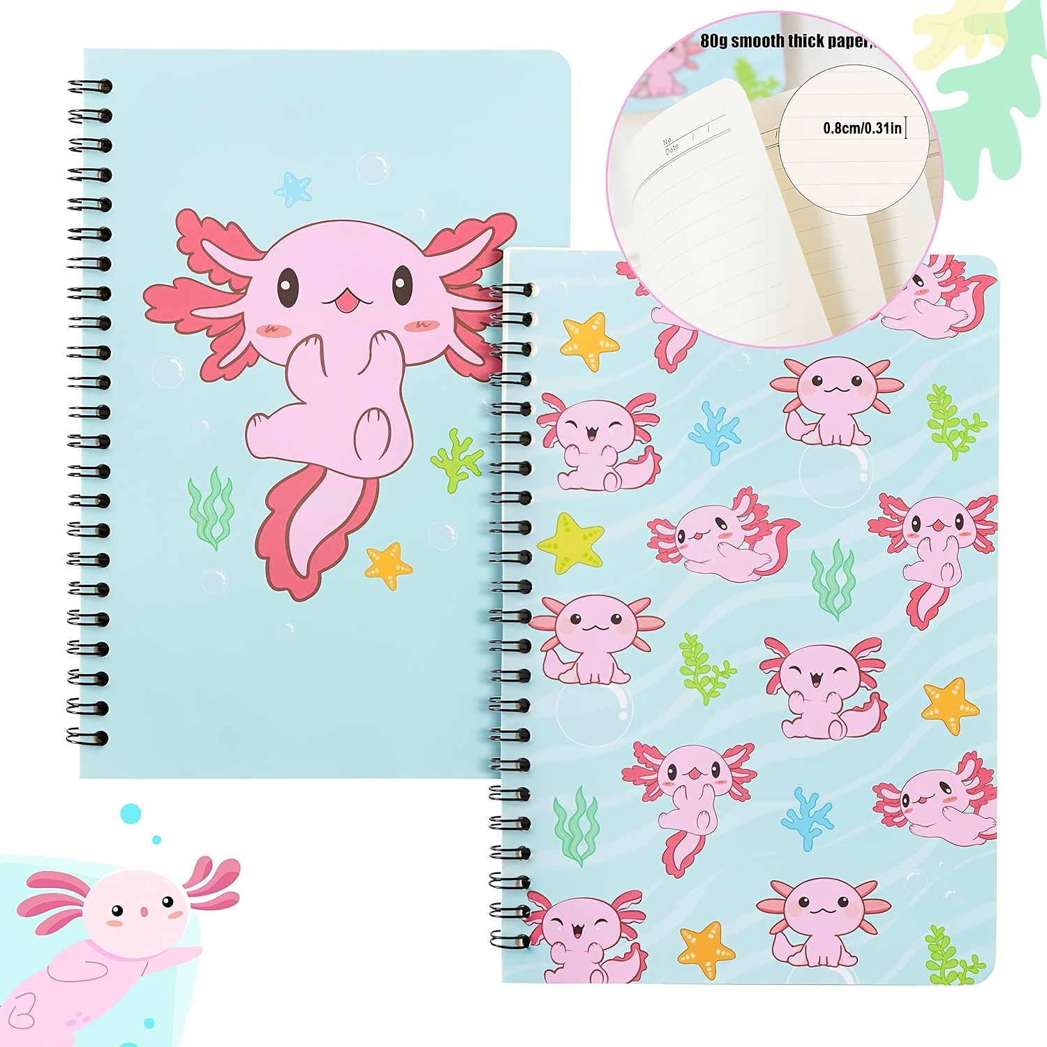 

2pcs A5 Axolotl Spiral Notebook Set, Animal Themed Journal, Mexican Walking Fish Pattern, Lined Pages, For Office, School, Home, Diary, Gift