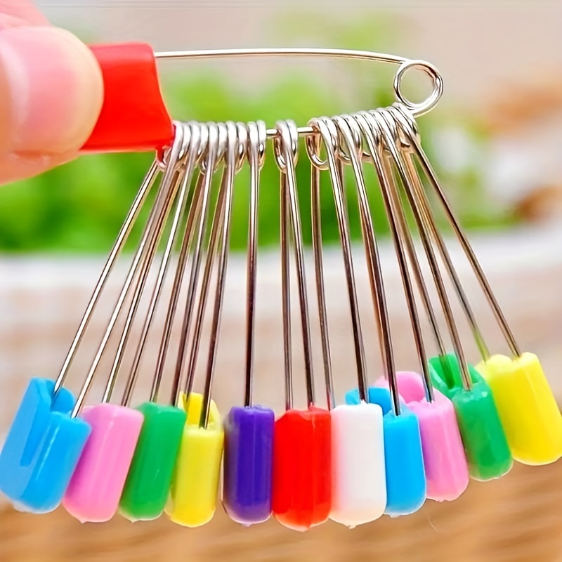 

12pcs Vibrant Color Safety Pins - Stainless Steel With Plastic Heads, Rust-resistant, Ideal For Clothing & Paper Crafts