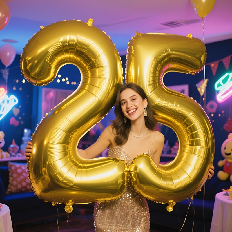 2er-set 25-jahre-jubiläum partyballons, 81 cm (32 zoll) goldene zahlen-folienballons, camping-themenparty-dekoration, abschlussfeier, brautgeschenk, party-hintergrunddeko, hochzeits-geburtstags-partyzubehör