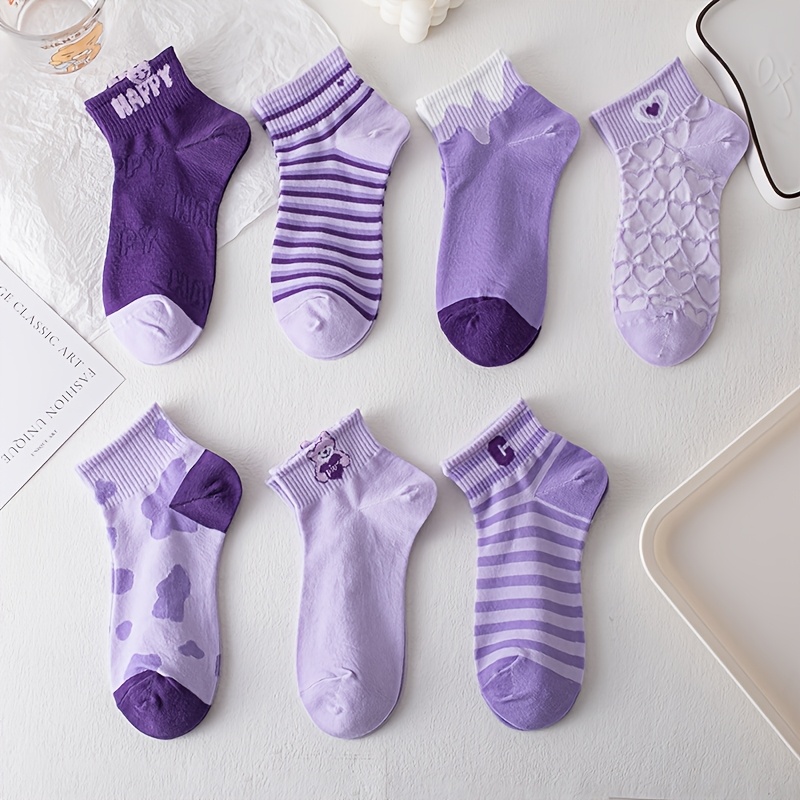 E-shop 7 Paar lila gestreifte Cartoon-Socken, niedliche vielseitige bequeme atmungsaktive Kurzsocken, Damensocken