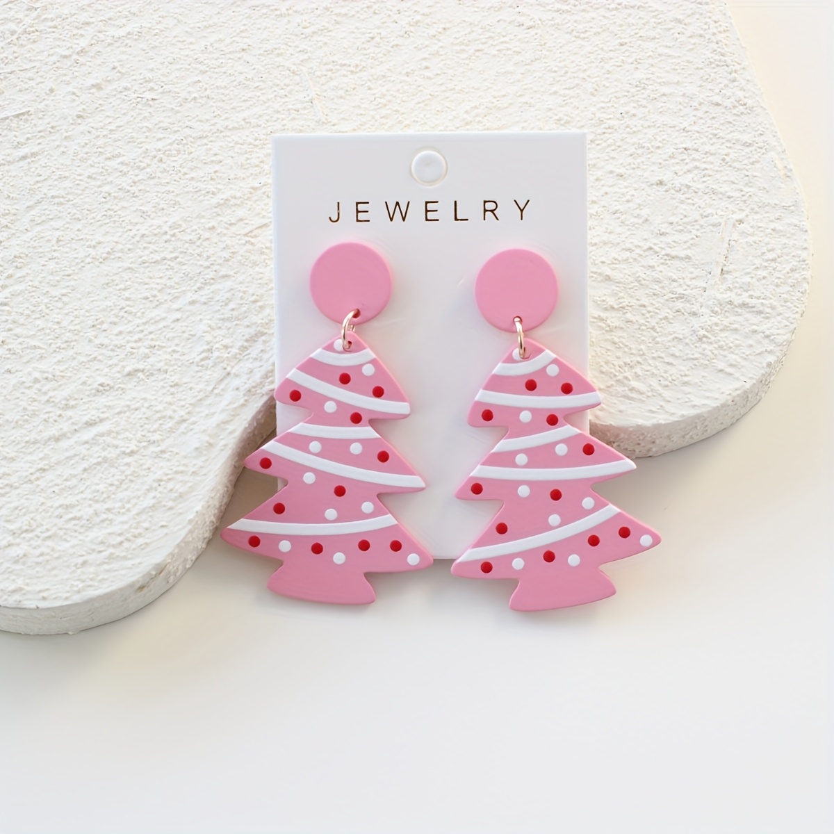 TEMU Christmas 1 Pair Pink Christmas Tree Print Acrylic Women's Dangle Earrings, Elegant Cute Simple Versatile Clay-like Texture Gift