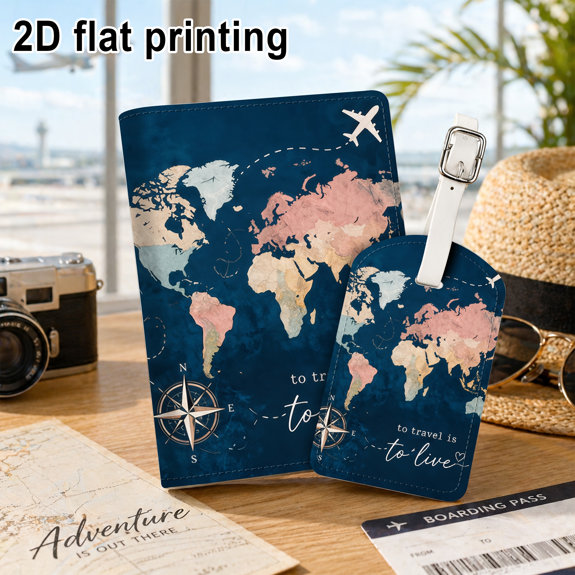 TEMU 2pcs Set (2d Flat Printing) World Map Compass Airplane Travel Quote, Passport Holder Luggage Tag, Lightweight Pu Material, Suitable For Travel