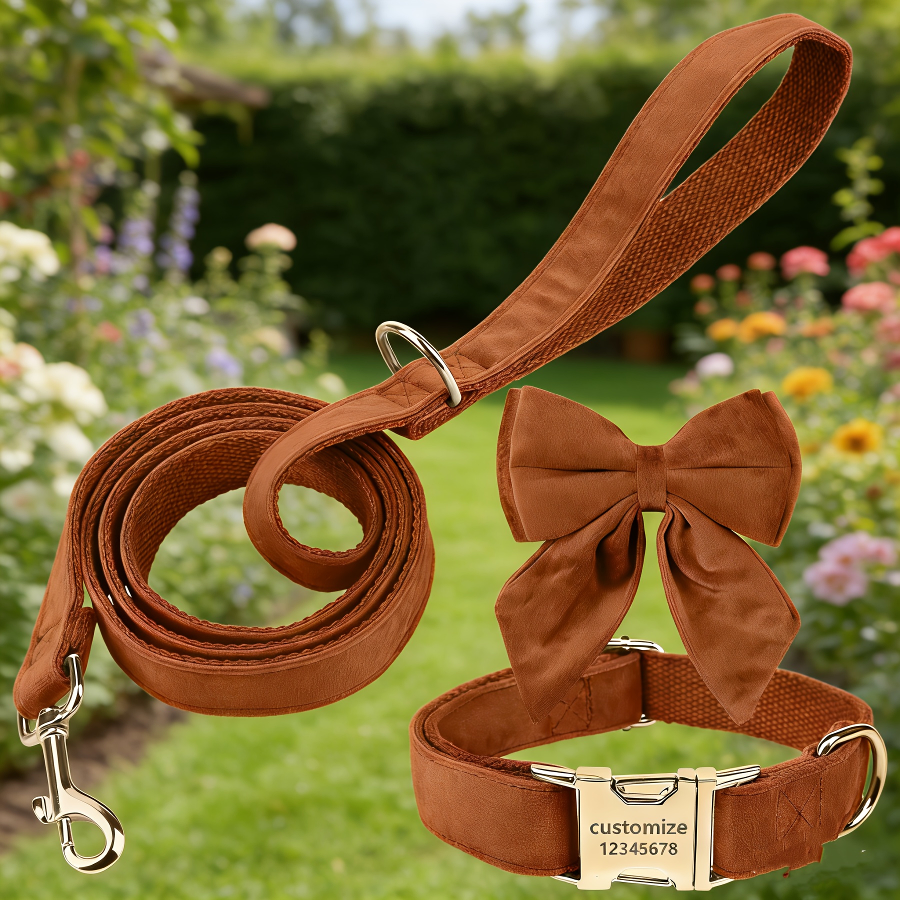 Personalized Custom Soft Velvet Dog Collar & Leash Set, 3pcs