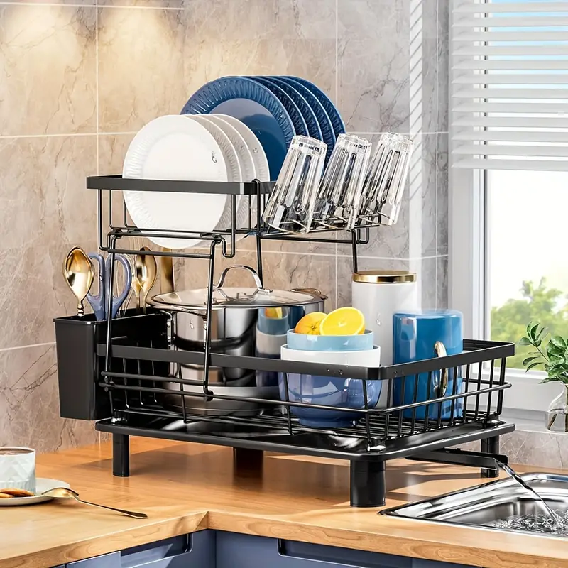 dish drying rack 2 tier dish rack for kitchen counter with utensil holder cup holder drying mat dish strainer dish drainer for sink utility racks Product details 0