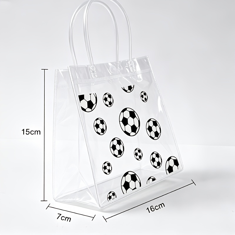 TEMU 12pcs, Football Pattern Transparent Handheld Gift Bags, Soccer Theme Party Tote Bags, Sport Theme Birthday Party Gift Packing Bags, Soccer Game