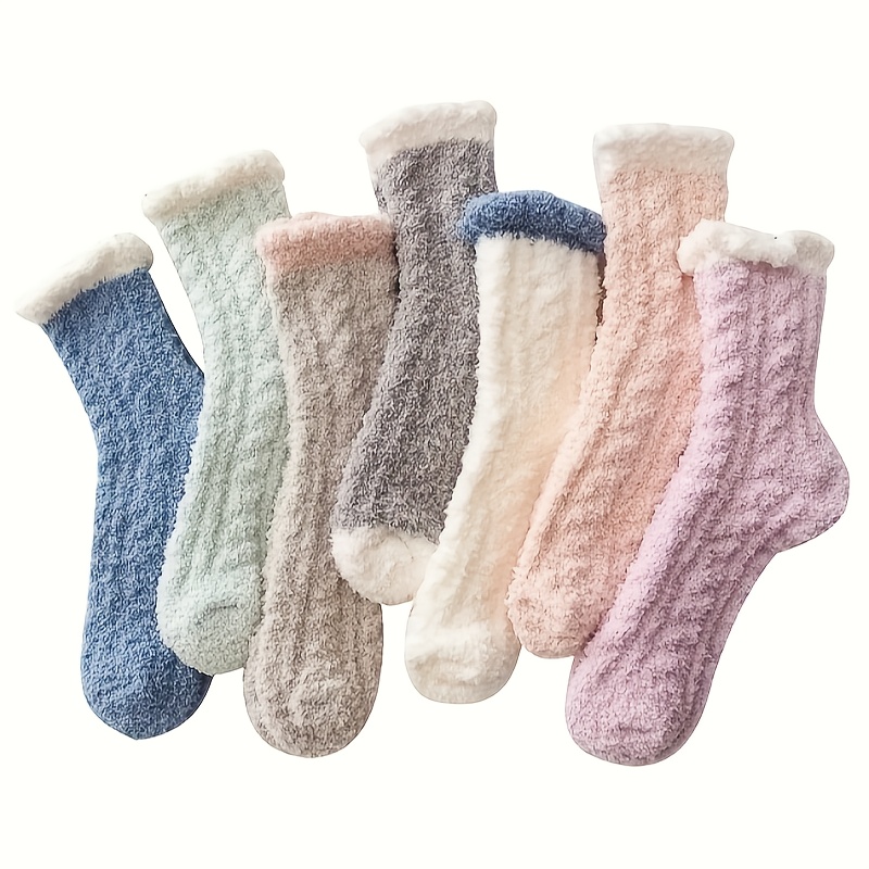 

7 Pairs Women's Mid-calf Socks, Warm Fleece-lined, Polyester Knit Fabric, Solid Color, Winter Ankle Full Coverage, Only - Assorted Colors