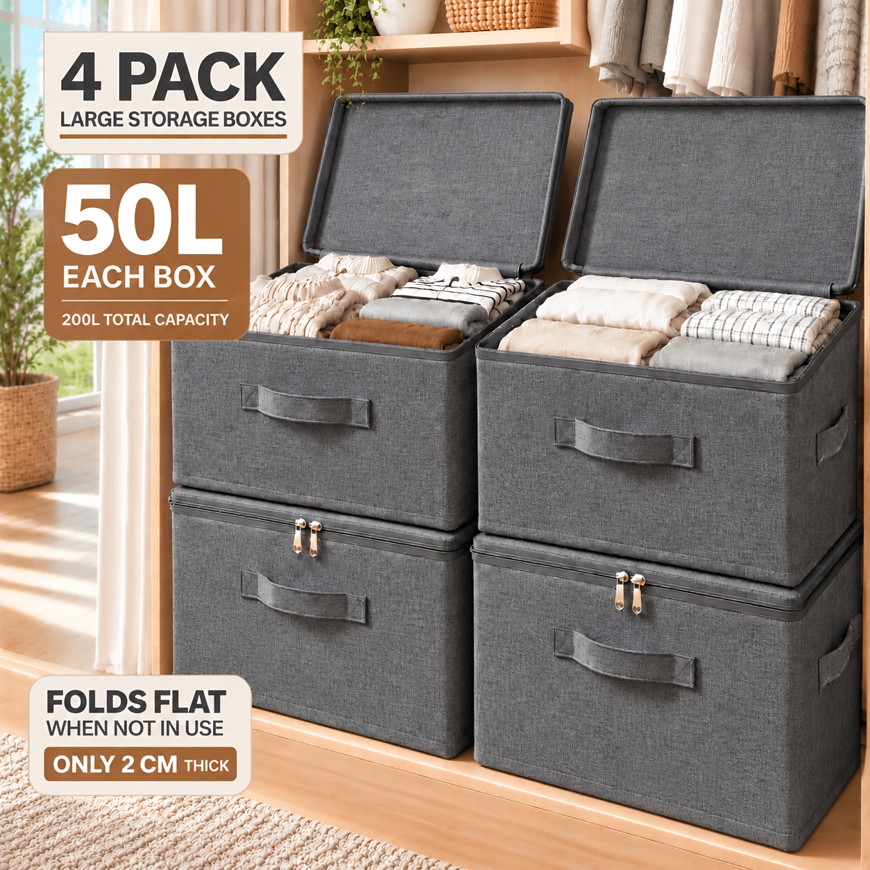 TEMU Set da 4 scatole portaoggetti pieghevoli extra large con coperchi, doppie cerniere e 3 maniglie, organizzatori per armadio in tessuto cationico