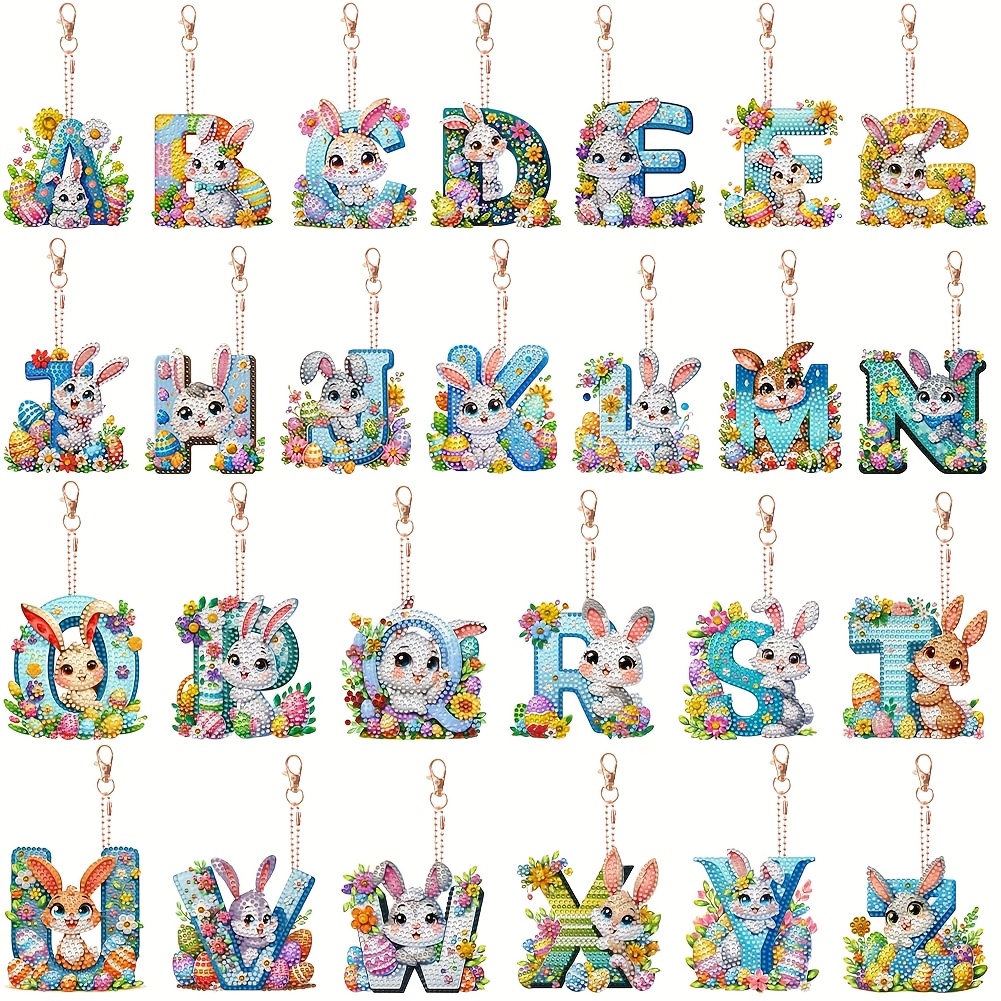 

Easter Bunny Alphabet Keychains, Acrylic Diamond Painting Letters, Round & Irregular Shapes, Diy Craft Keyring Set For Holiday Gifts