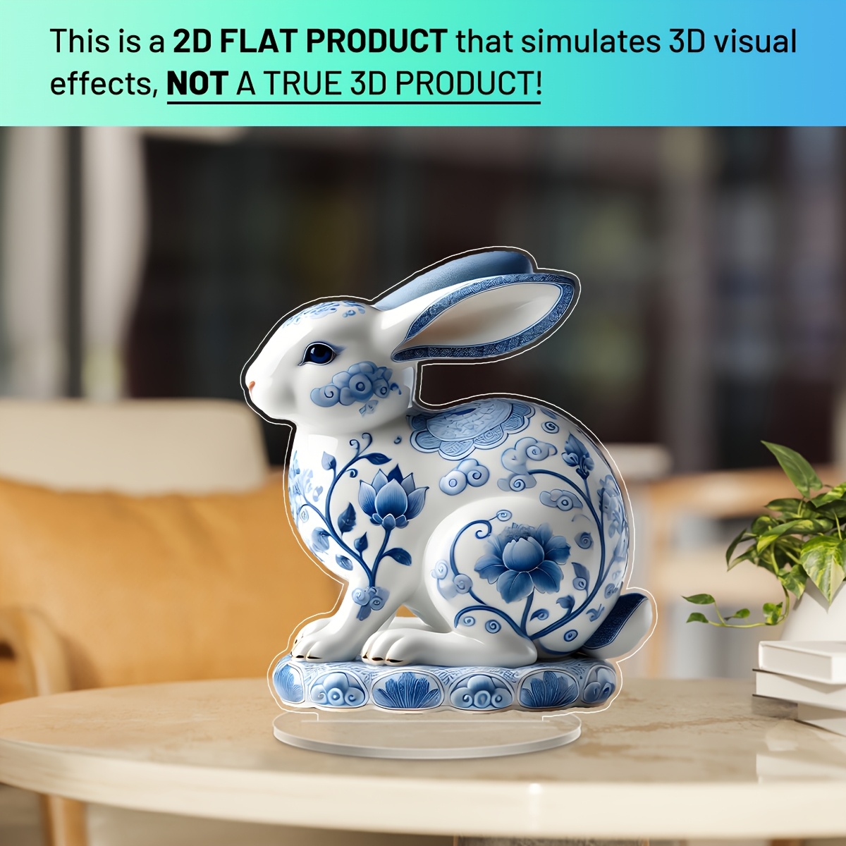 

Blue And White Porcelain-style Rabbit Acrylic 2d Tabletop Decor, Divine Enhancer, Family Gift Sign For Home And Office