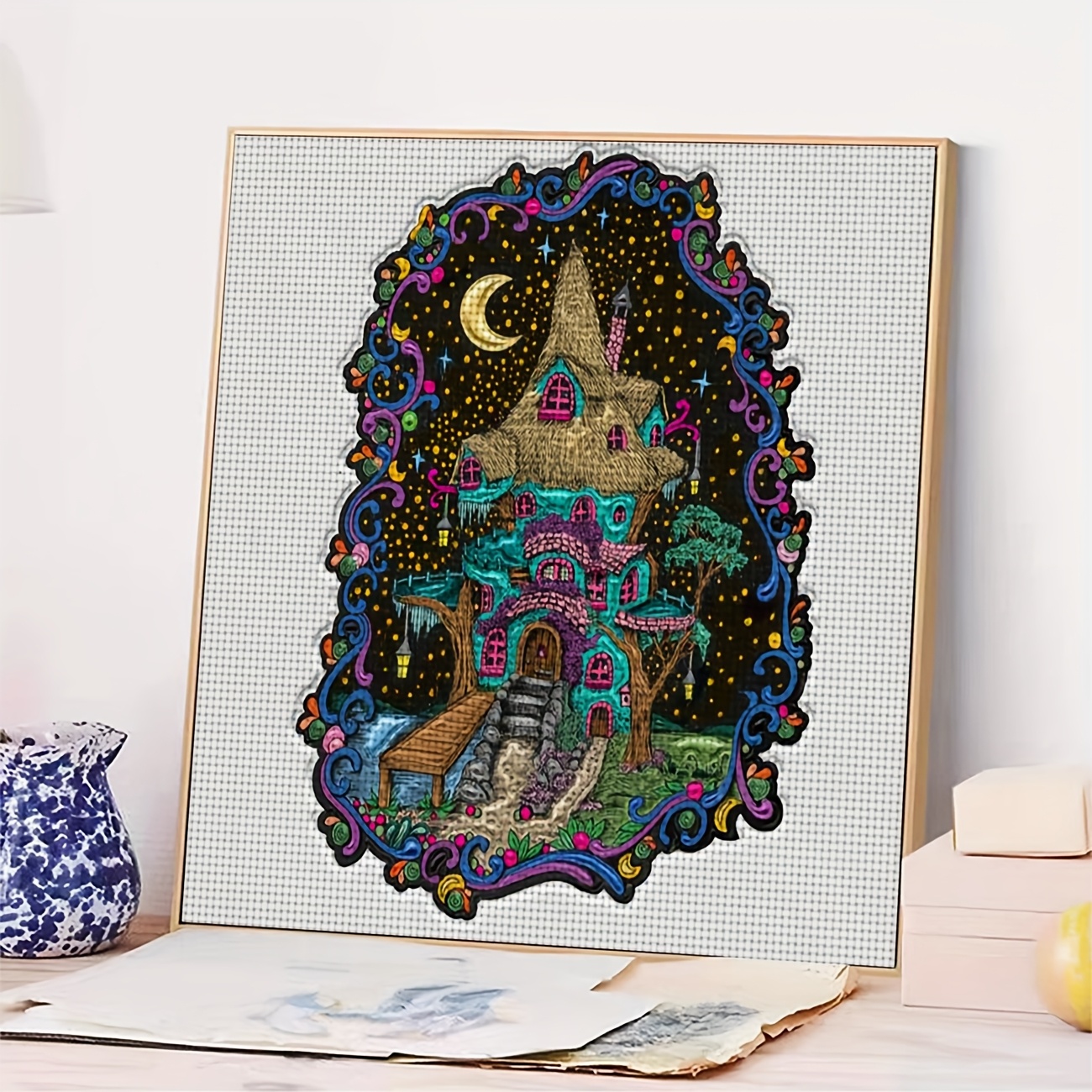 Printed Cross Stitch Kit, "Dreamy Colored House" Pattern for Beginners