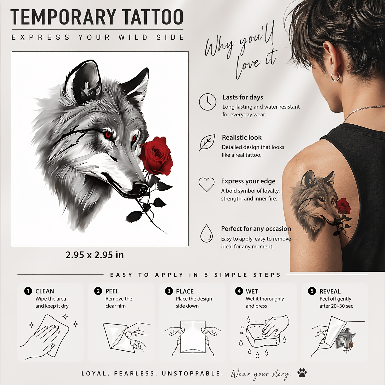 Image of A Wolf Head Rose Temporary Tattoo Sticker Featuring A Realistic Wolf , With A Vibrant Red Rose. Eyes Are Accented With Red Details. A Waterproof And Long-lasting Formula, It Develops Color 24-72