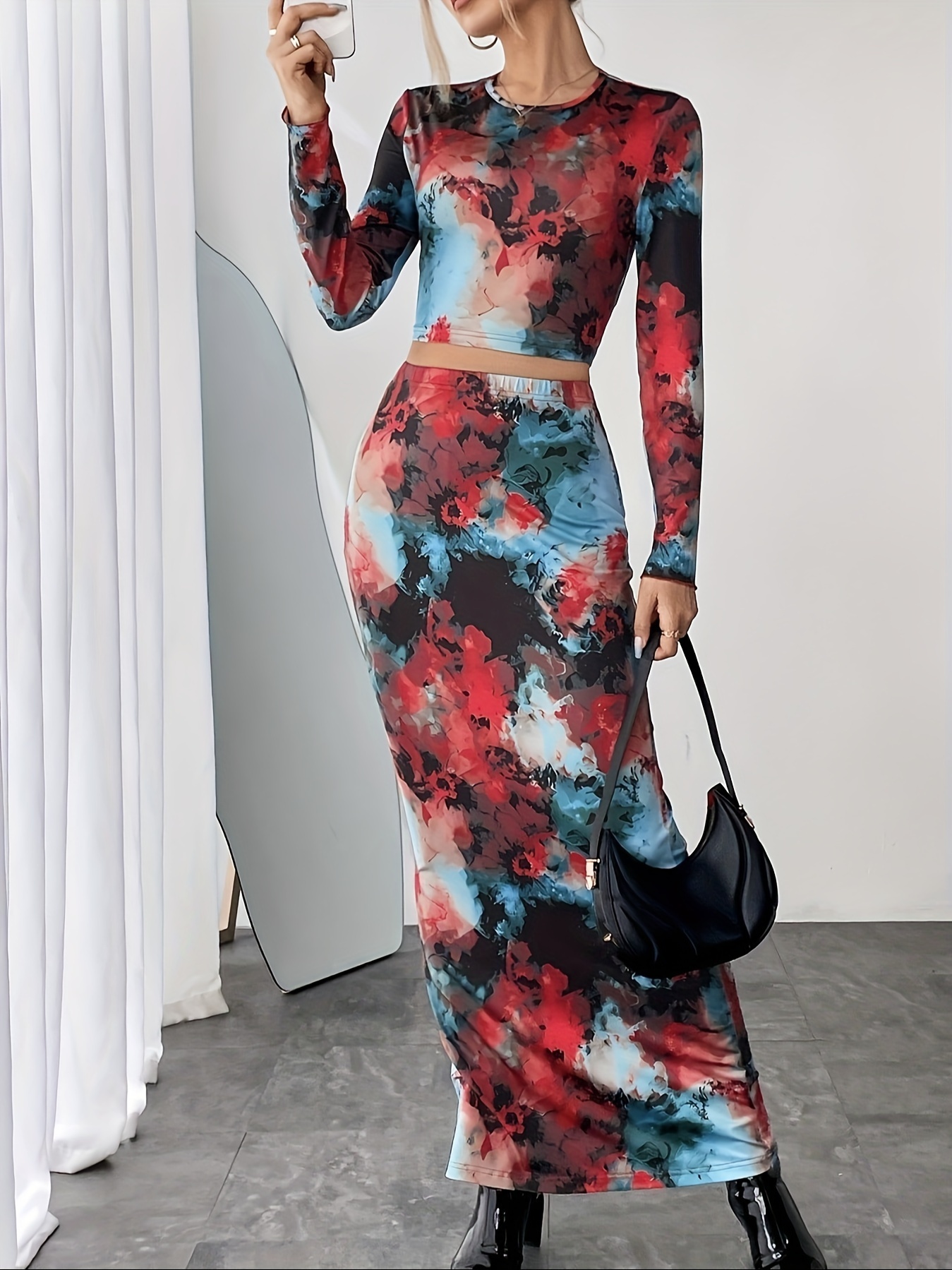 tie dye casual skirt set crew neck long sleeve crop top Temu