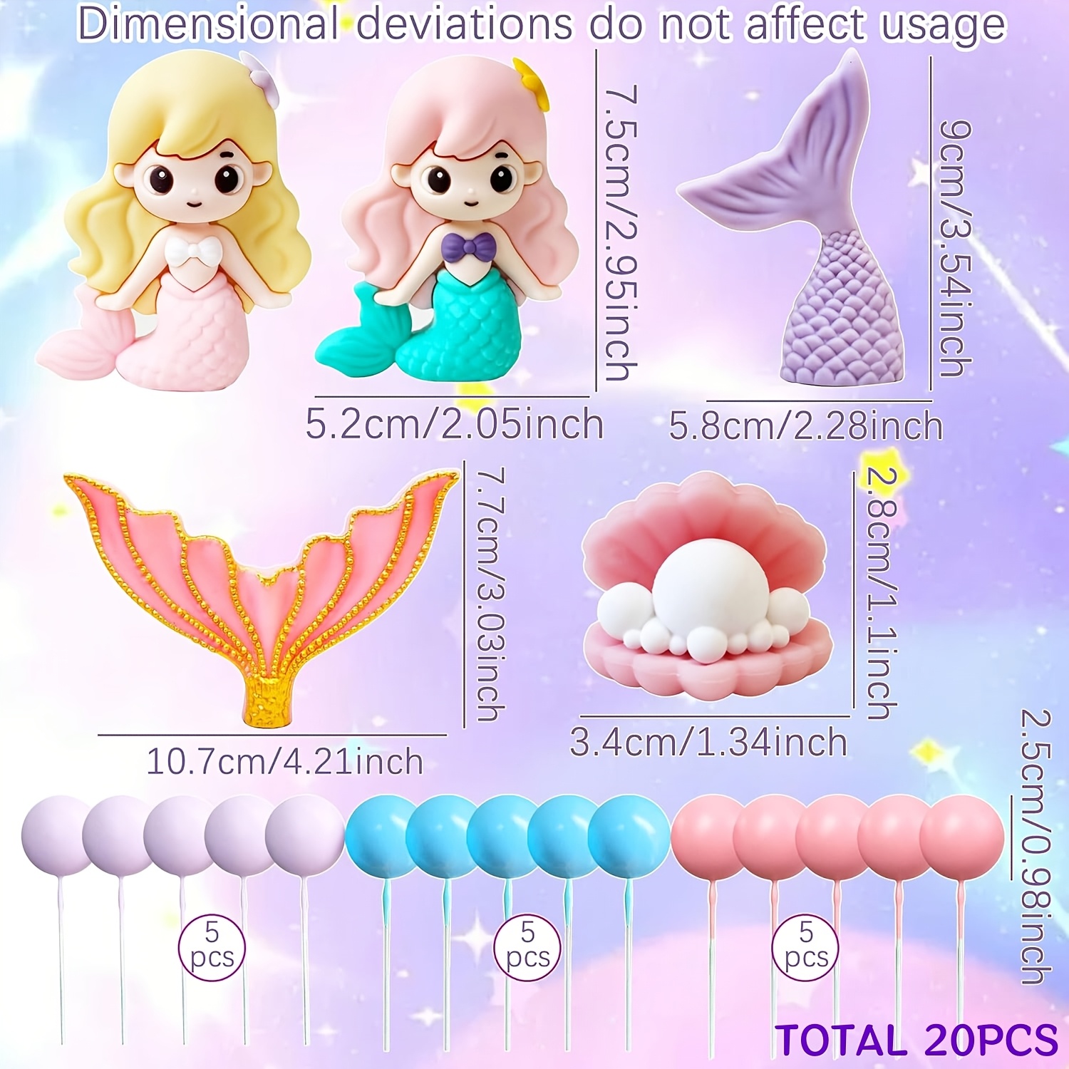 Image of Laventy 20pcs Mermaid Tail Cake Topper Under The Sea Cake Decoration Seashell Cake Topper Mermaid Tail Cake Topper Mermaid Party Supplies(the Color Of The Stick At Of The Ball Is Random)