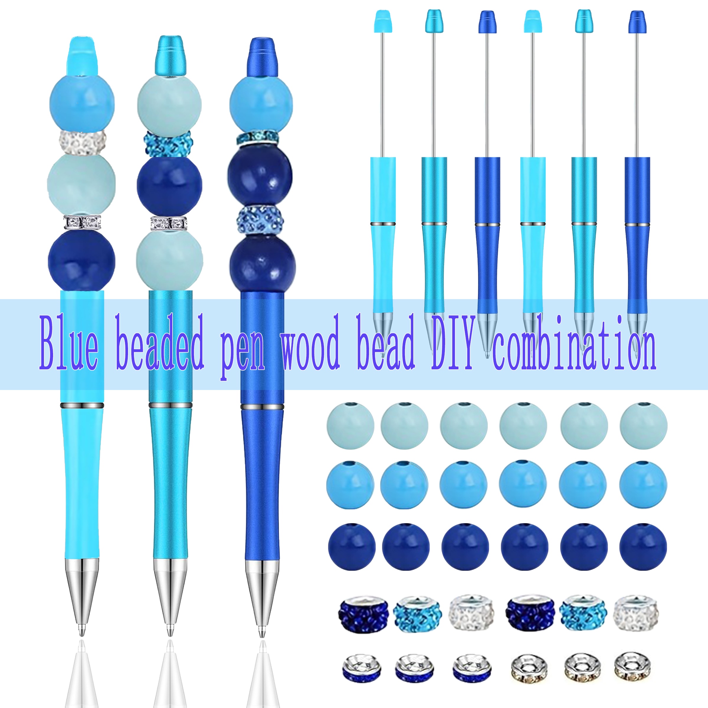 

36pcs Blue Beaded Pen Wood Bead Diy Combination, 6 Beaded Pens, Black Ink, Multiple Blue Wood Beads, Holiday Parties, Home Office Available