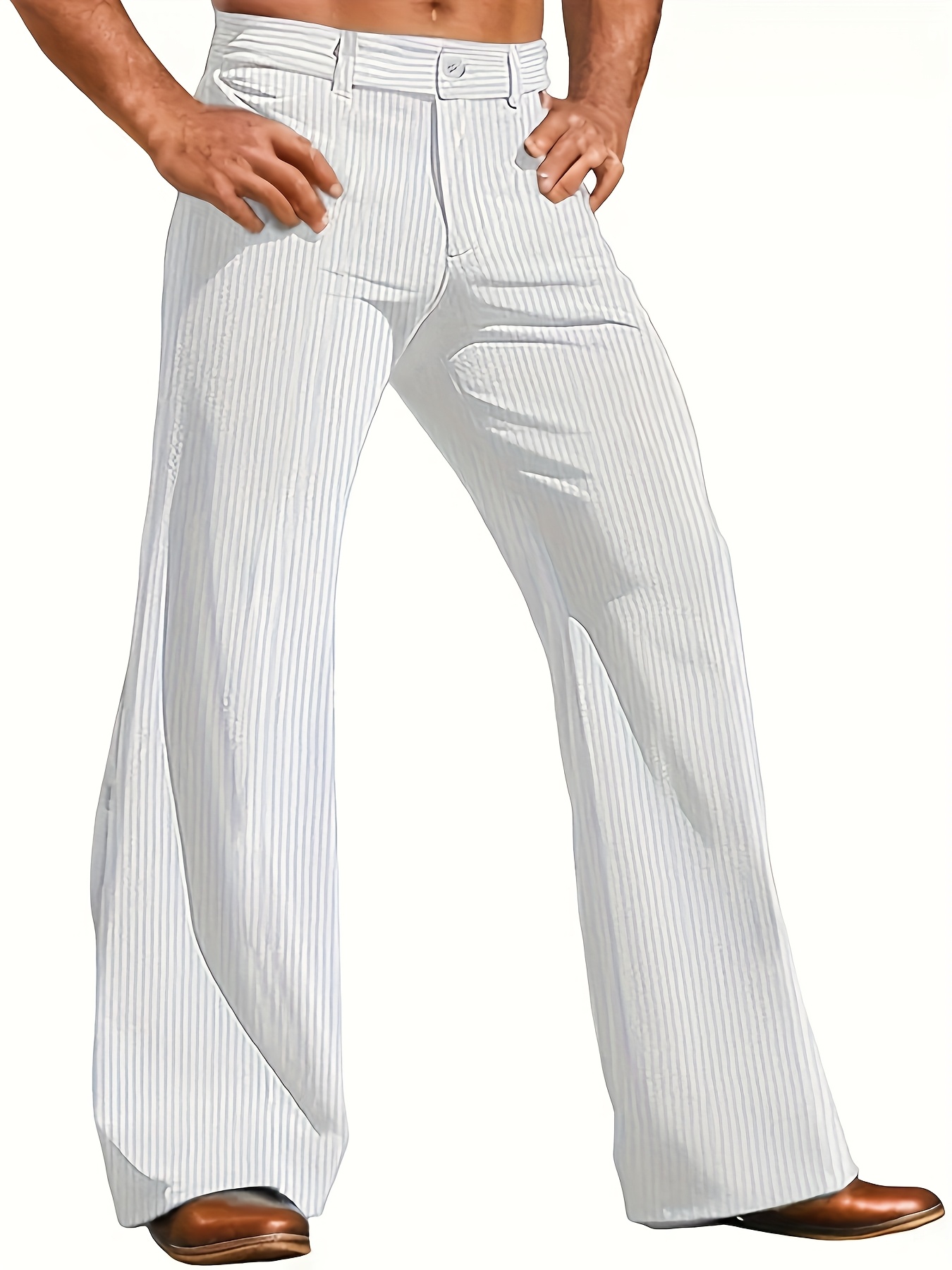 Men's Retro Corduroy Wide-Leg Pants - Vintage Flared Trousers, Button Closure, Machine Washable Soft Fabric for Everyday & Formal Outfits - All-Season Retro Style Pants for Men, Versatile Wardrobe Staple, Striped Pattern Design, Comfortable Fit, Stylish Bottoms