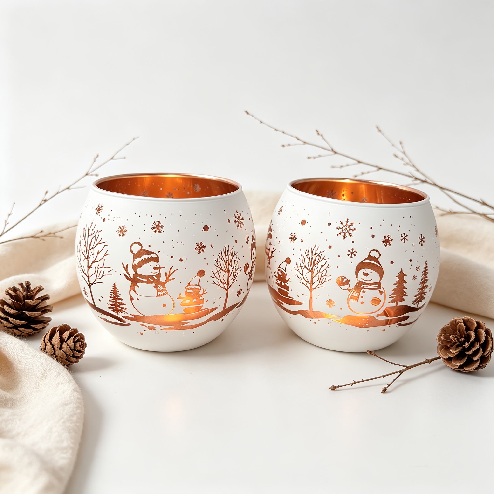 TEMU 2pcs Bougeoirs de Noël en verre de de neige, coupelles votives blanches givrées avec motif de scène de neige d'hiver, décorations de table de