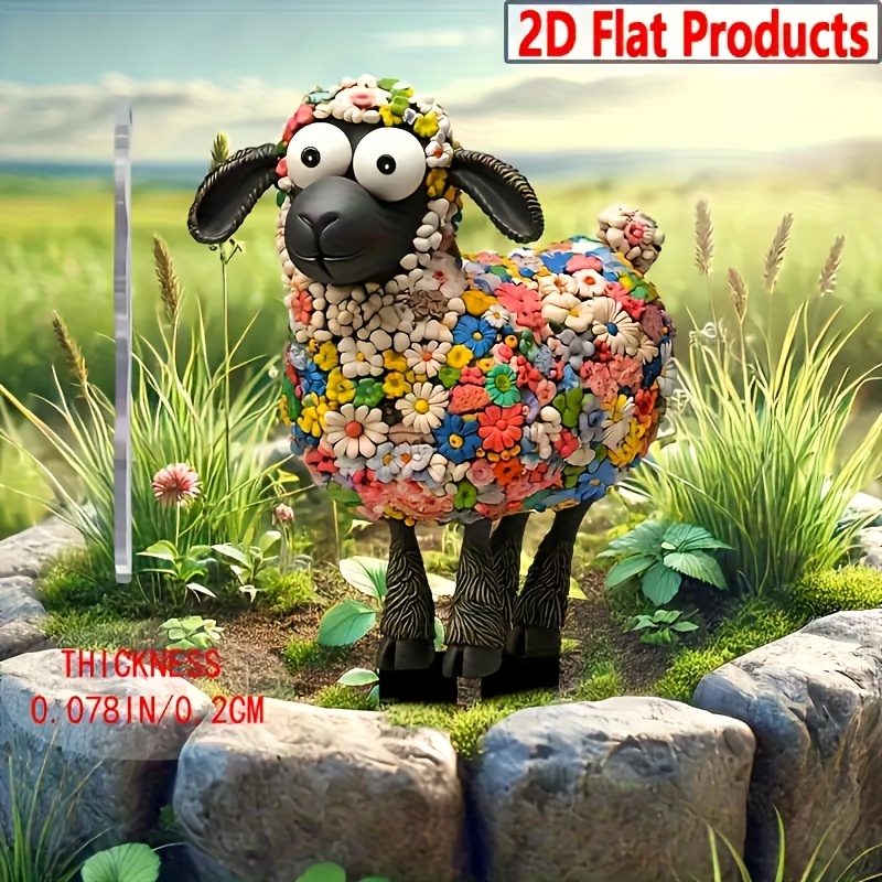 E-shop 2D Flaches -Schaf Gartensteckzeichen - Bunte Acryl Außendekoration mit Blumendesign, 18,2cm x 30cm Wetterfeste Kunst für Hof, Terrasse &