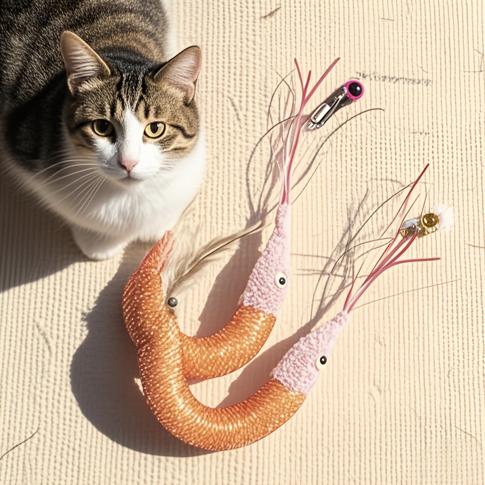 2pcs Cat Teeth Cleaning Shrimp Chew Toys - Plastic, Pet Self-Heeling Audible Toys, Random Color Bells, Rich Scent, Cat Teaser Replacement Heads, All Breed Sizes, No Batteries Required, Cat Teeth Cleaning Toys, Vibrant Feathers, Durable Toys