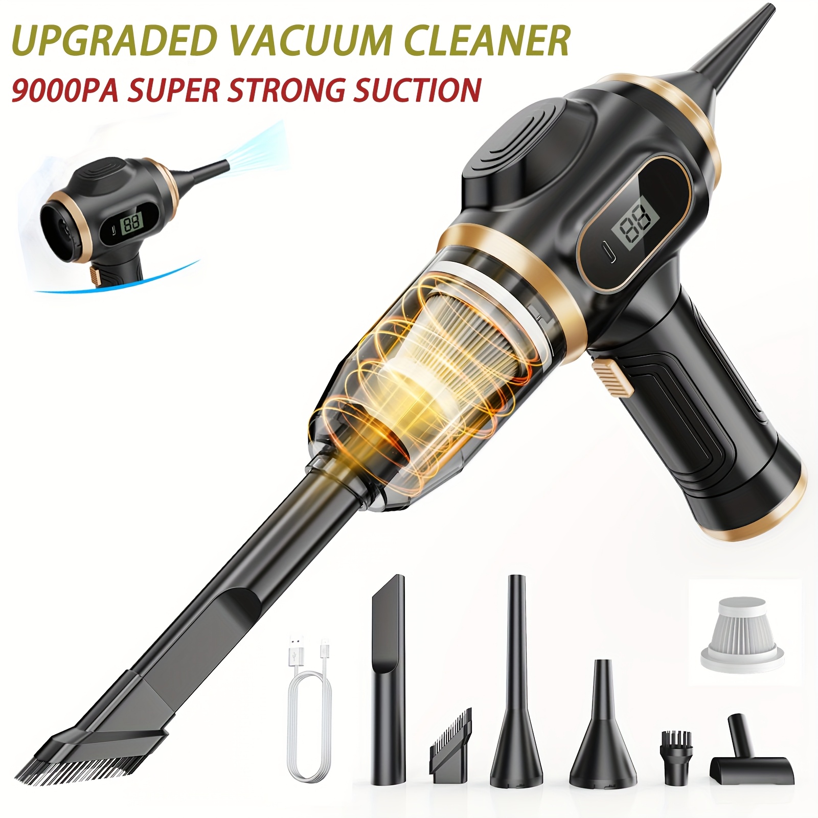 E-shop 2-in-1 Handstaubsauger mit - Saugfunktion, 9KPa Super-Saugleistung, USB wiederaufladbares Modell mit LED-Ladeanzeige, inklusive Fugendüse,