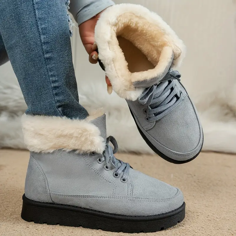 womens winter snow boots with plush collar pu sole slip on lace top warm ankle shoes round toe traction for multi color options black dark cozy cold weather footwear Product details 5