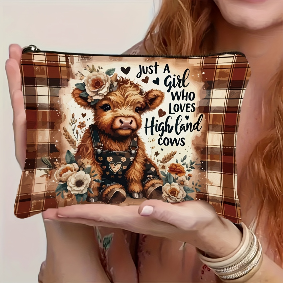 TEMU Trousse de toilette à motif floral et vache Highland - Pochette cosmétique de voyage en toile, pour femmes, sœurs, adolescentes, filles, nièces