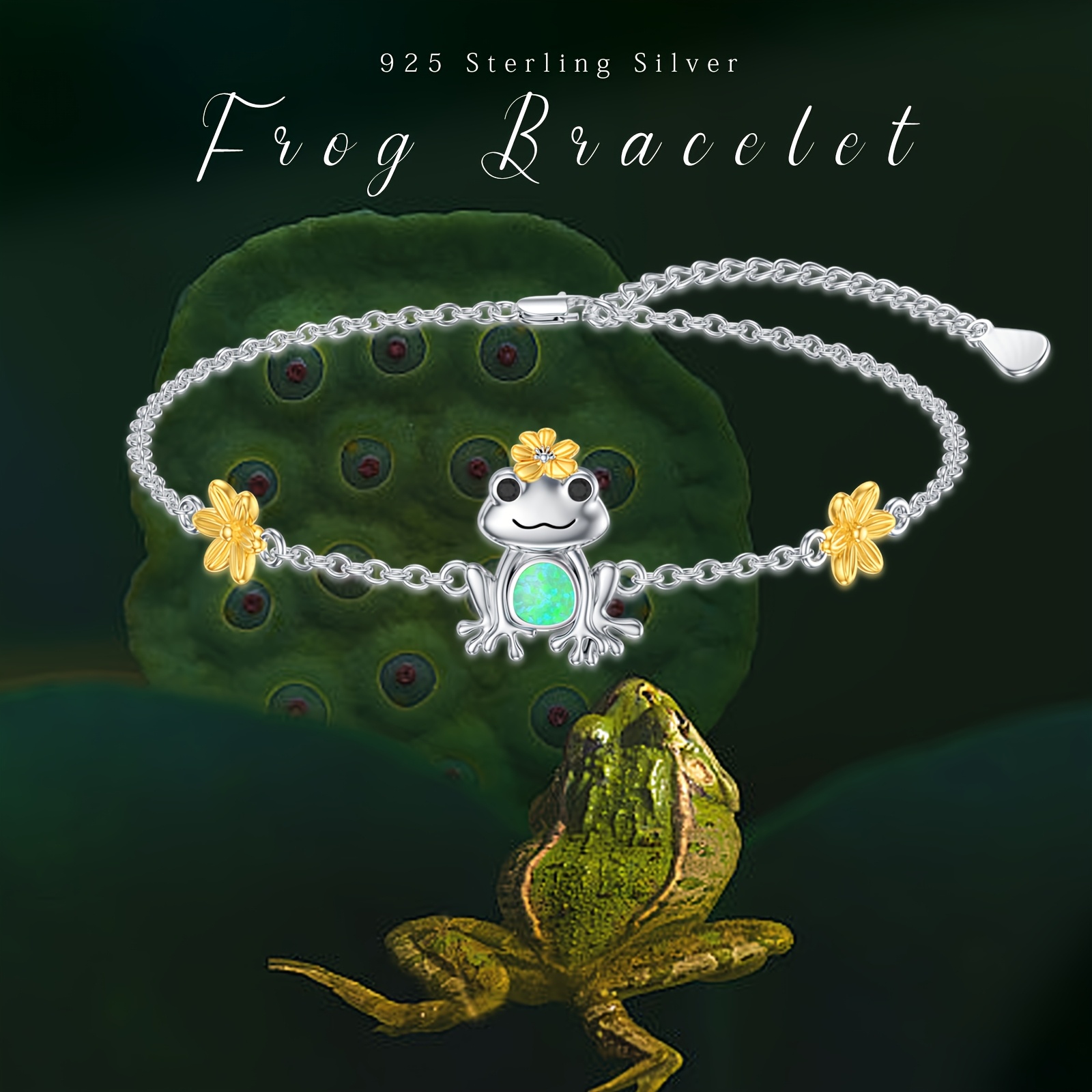 925 Sterling Silver Green Opal Frog Bracelet
