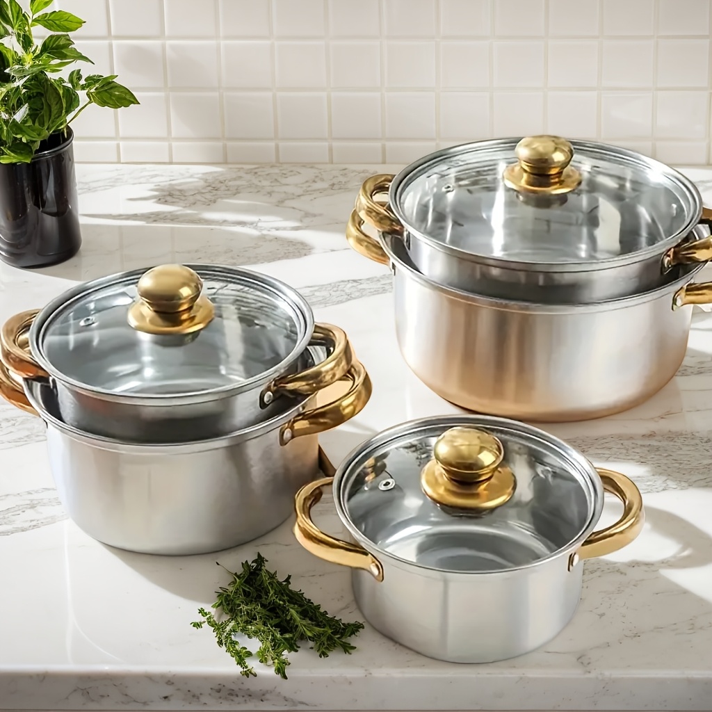 

For Choose 10-pieces Stainless Steel Cookware Set With Glass , Silver Pots And Pans With Golden Handles, Design, Kitchen Cookware Set For