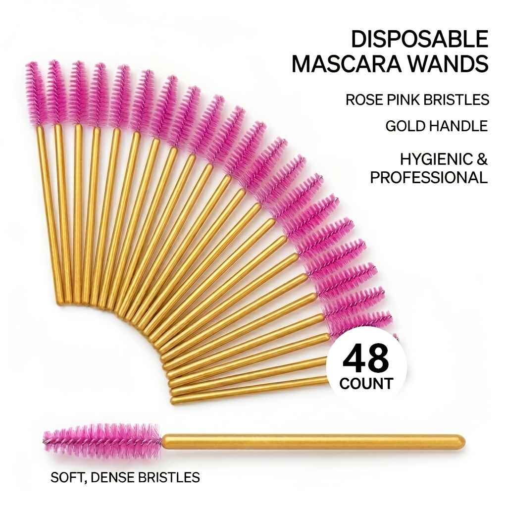 TEMU Lot de 48 pièces de peignes et brosses pour cils et sourcils, tige dorée et rouge rose, poils en nylon avec manche doré, brosse à mascara,