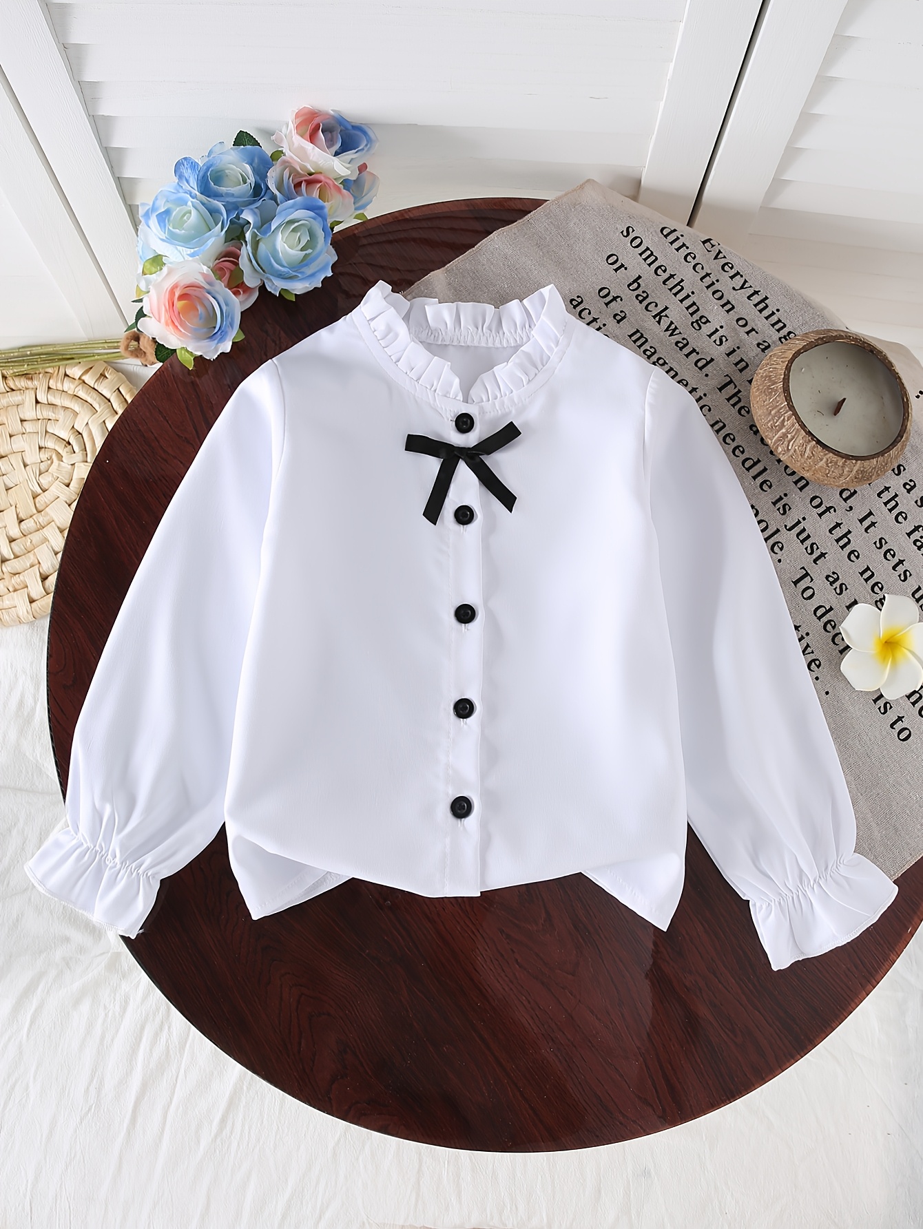 girls' elegant black long sleeve blouse ruffle collar bow Temu